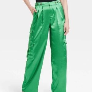 A New Day High Rise Wide Leg Green Satin Cargo Pants | Women's Size 10